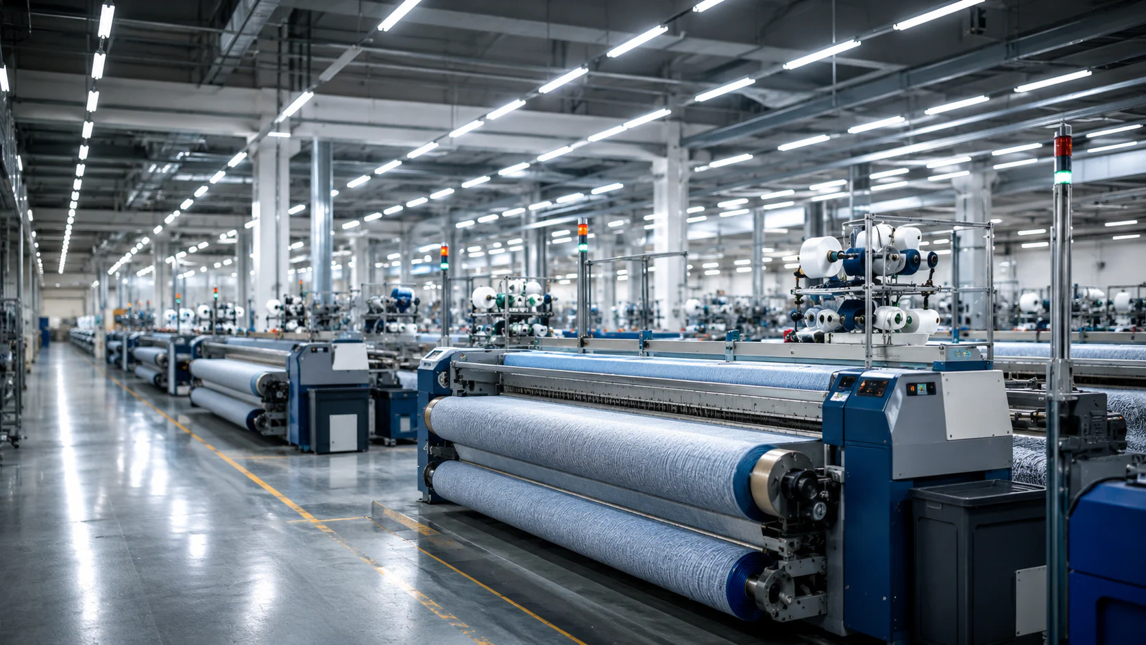 Wide weaving-floor environment with rows of textile machinery