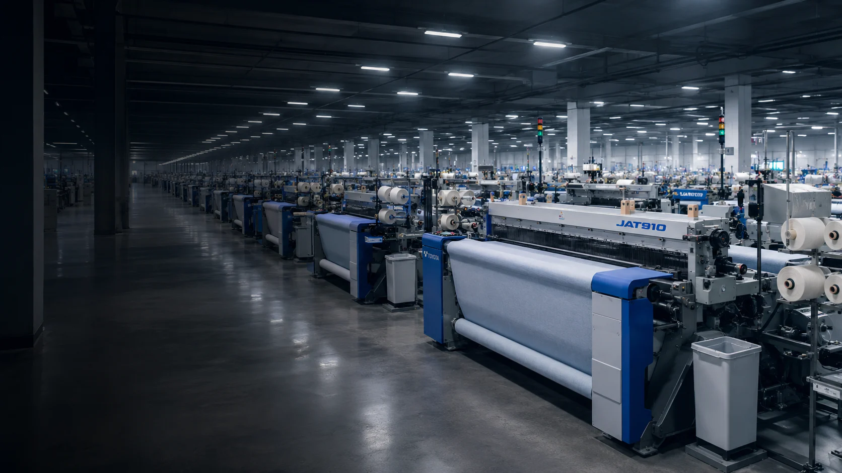 Toyota JAT910 air-jet looms across a modern weaving floor
